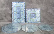 Temp-Tations Old World Blue Trivet Set Glass Round Rectangle Square 5 Piece NEW