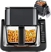 [ADVWIN] Dual Zone Air Fryer & BBQ Grill | Oil-less Electric Oven with Top Frying Pan | 4.5L Digital Touch Screen Multi-Cooker for Fish, Shrimp, Steak, Baking, BBQ, Roasting