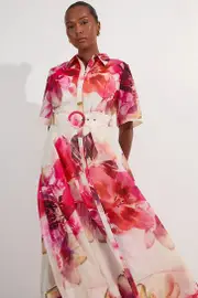 Plus Size Floral Organdie Woven Midi Shirt Dress