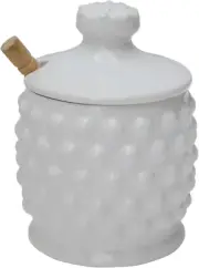 White Ceramic Hobnail Style Honey Jar with Lid & Wood Dipper