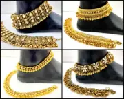 White Kundan LCT Polki Oxidised Gold Plated Anklet Payal Bollywood Style Jewelry