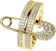 [NewZenro] Wide Flat CZ Safety Pin Chunky Open Rings Fashion Gold Plated Cubic Zirconia Paved Expandable Engagement Promise Statement Band Rings Opening Rings for Women Birthday Party 17mm, Metal, Cubic