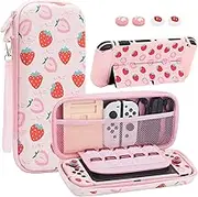 BREH Switch Carry Case for Nintendo Switch OLED Travel Accessories Kit with Game Case and 2pcs Thumb Grips Caps, Strawberry Pink, 23×10×5, Case