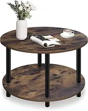 [Vanrohe] Small Round Coffee Table for Small Space, 23.5" 2-Tier Rustic Brown Wooden Coffee Table with Open Storage for Living Room/Balcony/Office, Metal Legs, Easy to Assemble