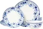Fine Bone China Dinnerware Set for 4, 12-Piece Blue and White Porcelain Dinnerwa