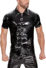 [xokesy] Men Shiny PVC Leather Shirt, Short Sleeve, Male Glossy Leather Casual Tops