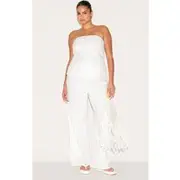 Plus White Embroidered Linen Mid Rise Pants, White