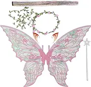 Fairy Wings for Adults and Girls，Fairy Costume Set with Floral Garland, Hair Tinsel, Wand & Elf Ears – Organza Butterfly Wing