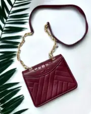 Tory Burch Alexa Quilted Mini Imperial Garnet Leather Shoulder Bag Chain Strap