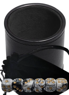 (6) Pearlized Dice White Black w/Pouch + PU Leather Dice Cup Black Felt Lining