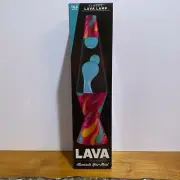14.5” Lava Lamp Turquoise Wax In Clear Liquid Vibrant Pink & Yellow Printed Base