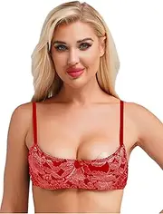 [FEESHOW] Women Lace Bra 1/4 Cup Push-Up Shelf Bra Breast Free Underwear Bustier Lingerie Open Breast Clubwear Night Club