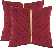 Tosleo Red Velvet Throw Pillow Covers 26x26 inch Pack of 2 with Gold Leather Decorative Couch Pillow Cover Luxury Modern Pillowcases for Wedding Living Room Bedroom Sofa Cushion Bed