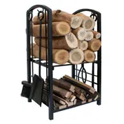 [SD Berg] Large 2 Tier Wood Storage Rack with 4 Piece Fireplace Tools