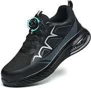 [MIEHUIAI] Safety Shoes Men Women Work Shoes Lightweight Wide Sporty Breathable Screw Lock Steel Cap Shoes Non-Slip Air Cushion Work Trainers, Black, 40 EU