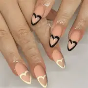 Nude Color Fake Nail Black White Heart Almond Press on Nails for Nail Art 24pcs