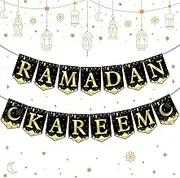 Ramadan Mubarak Banner Party Decorations Black Gold Moon Lantern Hanging Bunting Ramadan Kareem Hanging Banner Party Supply for Home Wall Window Door Fireplace Mantle Ramadan EID Party Favor