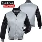 Men's Grey and Black Satin Jacket Bomber Style Baseball Letterman Varsity Jacket