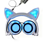 Foldable LED Flashing Cat Ear Headset 3.5mm Wire Over Ear Music Headphone for Phone Laptop PC WHITE COLOR
