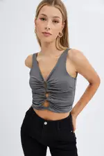 Grey Bralette Crop Top V Neck Keyholes Details - Size L, Women's Bralette