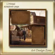 Old Western Town Scrapbook Page Framed with Horse Hitched to a Post
