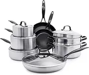 [GreenPan] Venice Pro Noir Tri-Ply Stainless Steel Healthy Ceramic Nonstick 13 Piece Cookware Pots and Pans Set, Matte Black Handle, PFAS-Free, Multi Clad, Induction, Dishwasher Safe, Oven Safe, Silver