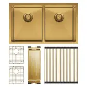 Fienza Hana Double Bowl Kitchen Sink 27L Drainer Colander Brass 68403RB-KIT