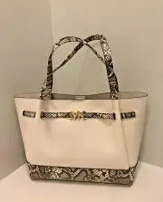 Michael Kors Reed Large Belted Logo Tote Shoulder Bag Purse Handbag Light Cream