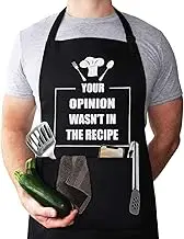 Funny Chef Apron for Men，Your Opinion Wasn't in The Recipe Funny Apron for Men & Women with 2 Tool Pockets Adjustable Neck Strap Waterproof and OilProof Best for Cooking, Grilling