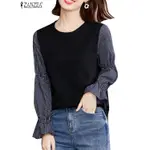 ZANZEA 女士韓版優雅格子印花拼布長袖復古寬鬆上衣