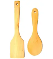 Ozoffer 2Pc Bamboo Kitchen Wooden Turner Spatula with Handles for Non Stick Cookware