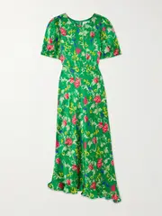 [Saloni] Saloni - Vida D Ruffled Floral-print Silk-satin Dress - Green - UK 10 UK 10 Green