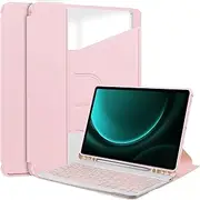 TANOVCEP Tablet Case for Samsung Galaxy TAB S9 FE Plus/TAB S9 Plus 12.4 Inch 2023 with Pen Holder, 360° Swiveling Stand, Shockproof Cover with Clear Transparent Back Shell, Auto Wake/Sleep Pink