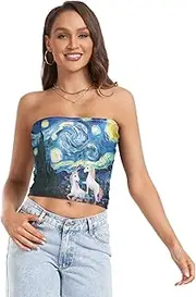[RPLIFE] Cute Unicorns Starry Night Blue Summer Tube Tops, Strapless Top Women, Sheer Tube Tops, Trendy Crop Tops (S)