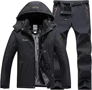 [ZSCAL] Men's Jacket and Pants Set, Mens Winter Warm Hooded Ski Suits with Belt Two Piece Set, Outdoor Sports Windproof Waterproof Ski Suit, for Skiing Sports, Riding Motorcycles (Color : Black, Size : X-La