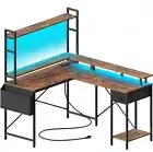 Huuger L Shaped Desk Gaming Desk with LED Lights & Power Outlets, Computer Desk
