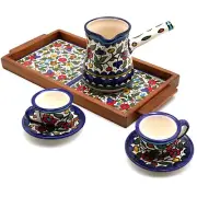 Handmade Ceramic Pitcher Tray Set Rustic Brown Blue Floral Pattern Coffee Drink