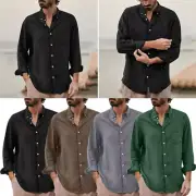 Mens Button Down Tops Shirt Long Sleeve Blouse Casual Cotton Linen Long Sleeve #