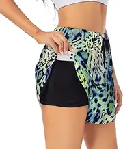 [WURTON] Green Leopard Print Exercise Gym Workout Shorts Women's Athletic Shorts Dual-Layered Yoga Running Shorts