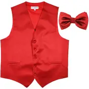 New formal men's tuxedo vest waistcoat & bowtie horizontal stripes red wedding