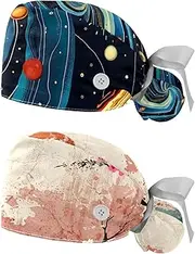 [YTYVAGT] 2-Pc,Nurse Scrub Caps,Scrub Hats with Buttons and Cotton Sweatband,Cartoon Solar System Planets