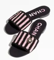 Chanel 24M Black Pink Crochet Stripe Camellia Flower Logo Mule Slide Sandal 39