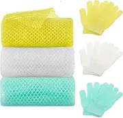 6 Pack African Net Sponge Exfoliating Glove Set, 3 Bath Sponge Body Scrubber Back Scrubber and 3 Pairs Exfoliating Gloves for Shower