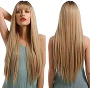 Long Ombre Blonde Wigs with Bang for Women, Heat Resistant Straight Hair Synthetic Wigs with Dark Root for Everyday/Cosplay/Party (28 inches, Ombre Blonde)