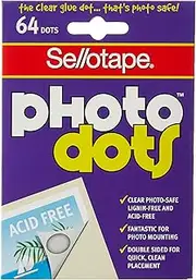 Sellotape Photo Dots, 64 Clear, Flat, Double-Sided Adhesive Dots, Acid-Free and Non-Toxic, Alternative to Glue, Ideal for Mounting Photos, Scrapbooking, and Crafting, 10mm Diameter dots - Pack of 12