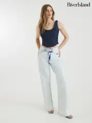 River Island Blue Bleached Relaxed Straight Leg 100% Cotton Jeans (W58630) | $120