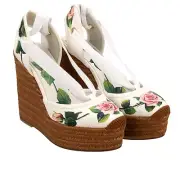 Dolce & Gabbana Rose Raffia Heel Wedge Platform Heel Sandals Lola White