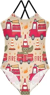 [RPLIFE] Crocodile Fire Trucks Toddler Girls Bathing Suits, Girls Athletic Swimsuit, Beach Bathing Suit