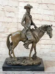 100% Bronze Statue Large Original Bronze cowboy w/Horse Sculpture Figurine Deal