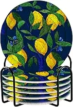 Aflyko Coasters for Drink Lemon Peacock Blue Leaves Coaster Set with Metal Holder Cotton Woven Coaster for Coffee Table Bistro Home Kitchen Island Holiday Housewarming Gift 6 Pack